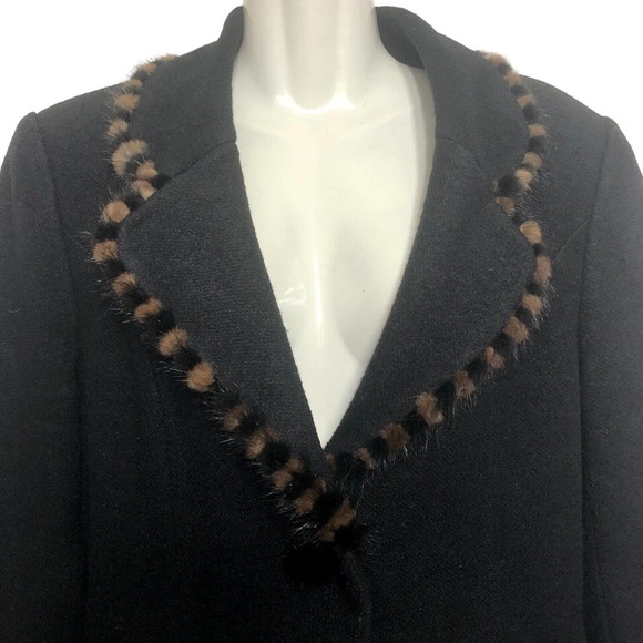 Ming Liu Wool Blazer Black Brown Rabbit Fur Trim Pom Pom Buttons - Picture 2 of 9